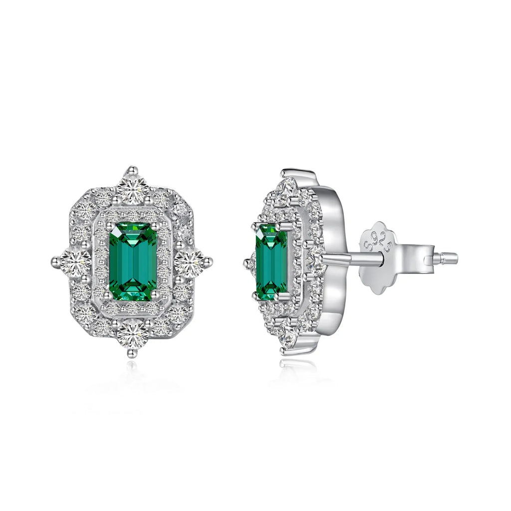 Silver Zircon Emerald Cut Framed Ear Studs