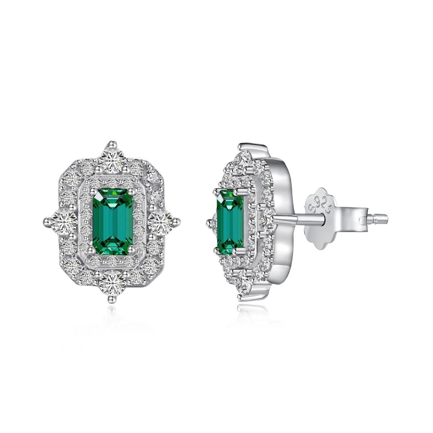 Silver Zircon Emerald Cut Framed Ear Studs