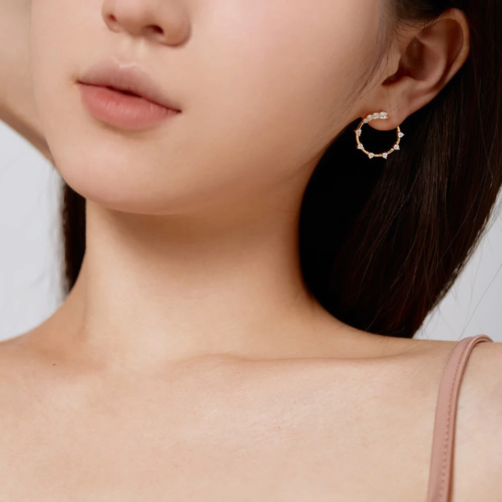 Silver Zircon Round Cut Inlaid Spiky Ear Studs