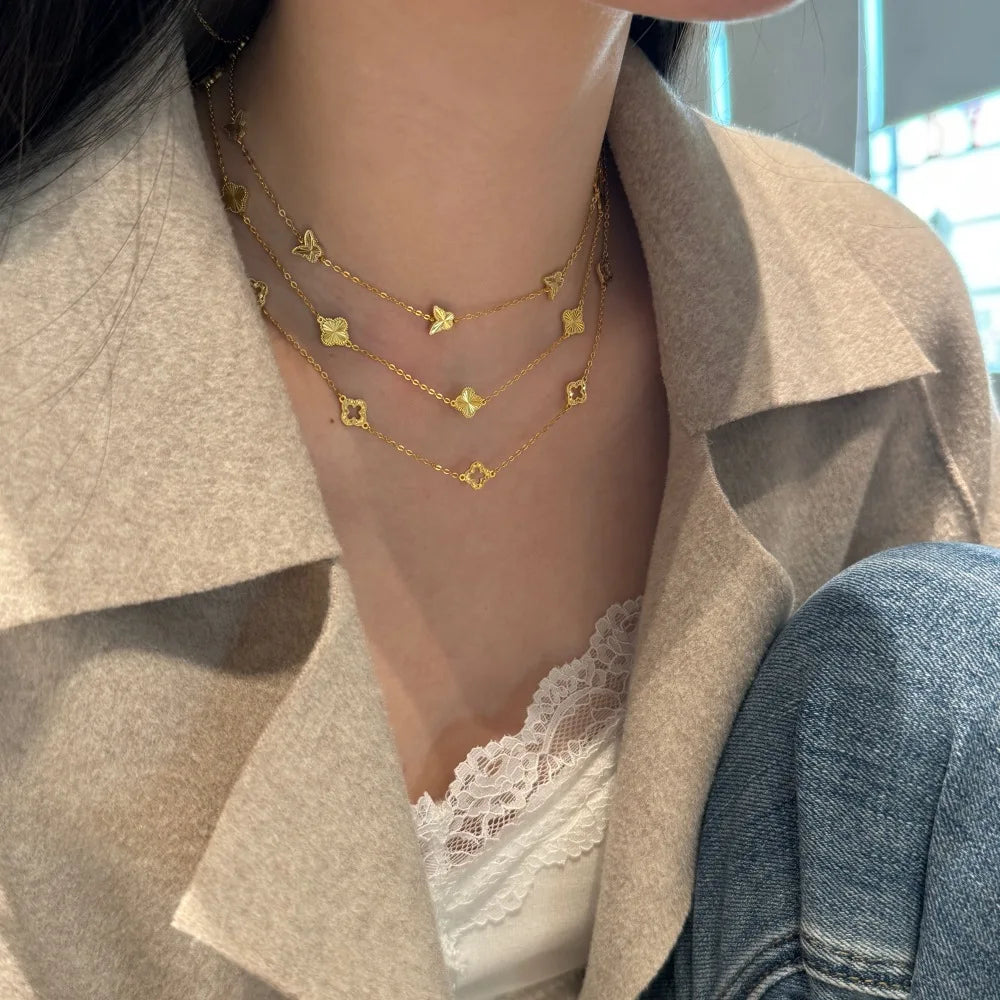 Silver Hollow Layered Clover Chain Necklace