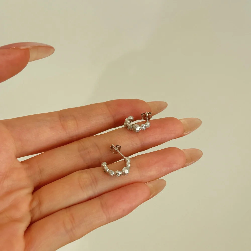 Silver Zircon Round Cut Brushed Huggie Earrings