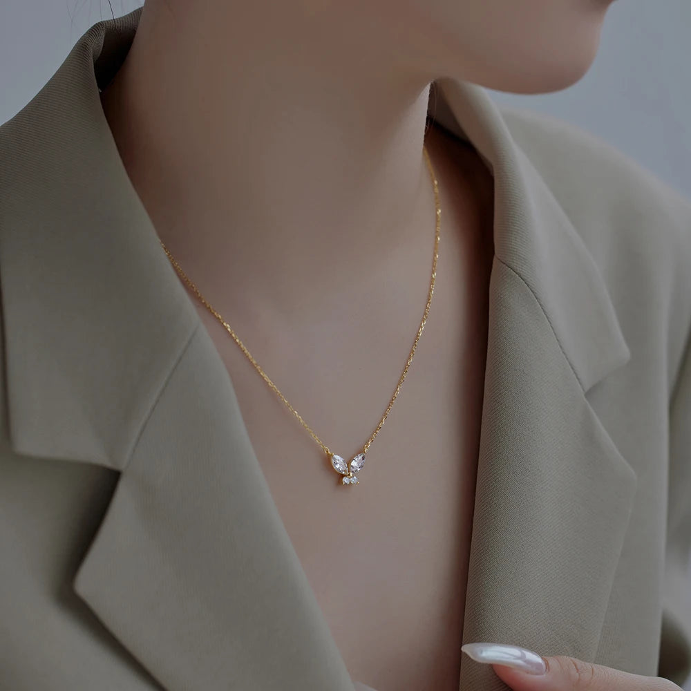 Silver Zircon Marquise Cut Butterfly Pendant Necklace