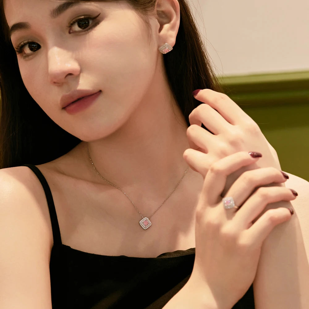 Silver Zircon Princess Cut Pillow Pendant Necklace