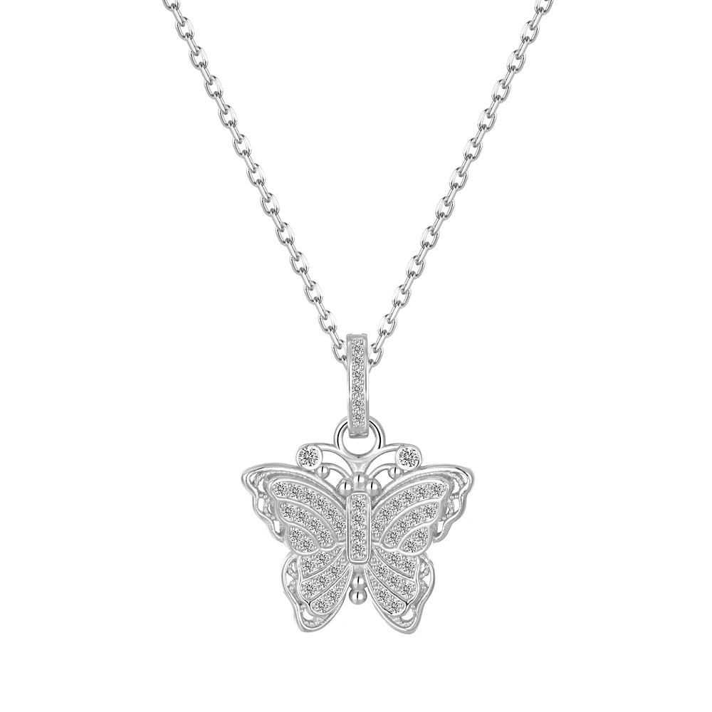 Silver Zircon Round Cut Iced Butterfly Pendant Necklace