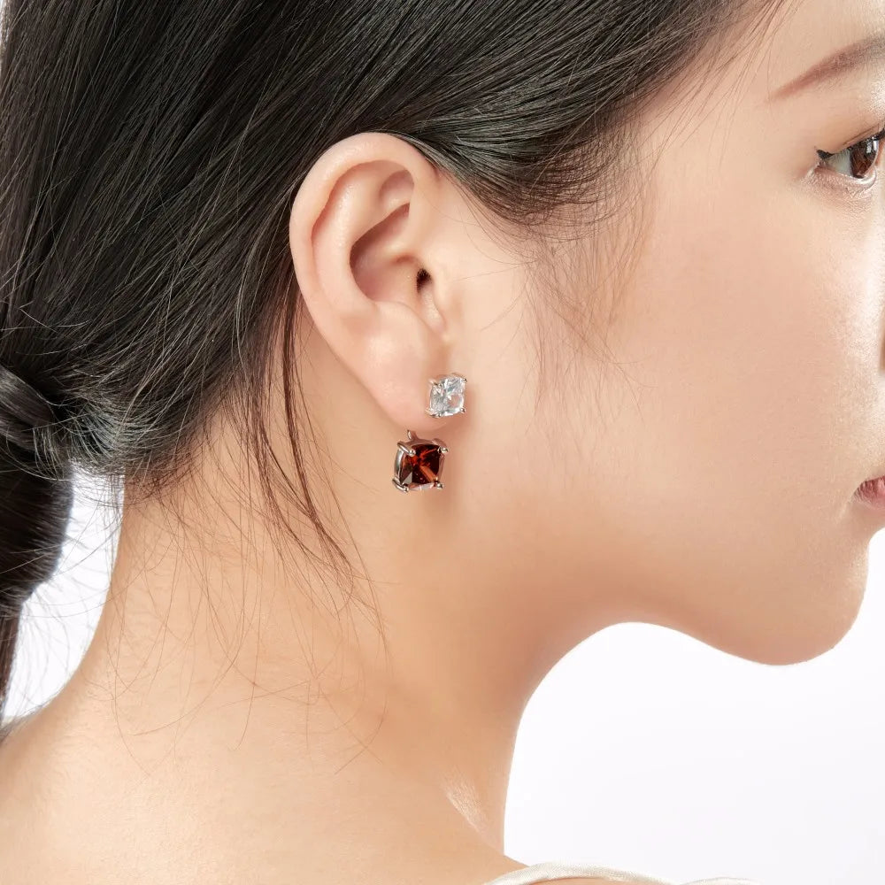 Silver Zircon Cushion Square Cut Stacked Ear Studs