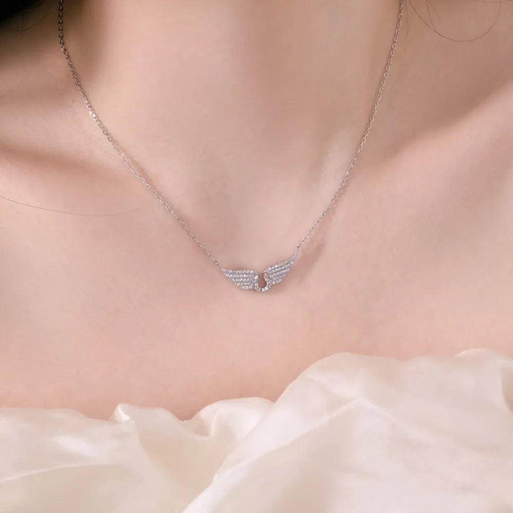 Silver Zircon Round Cut Halo Inlaid Wings Bar Necklace