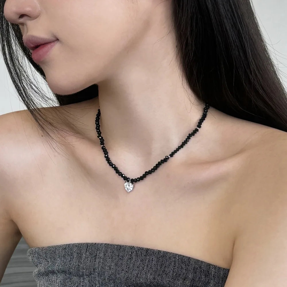 Silver Zircon Heart Cut Double Layer Beaded Necklace