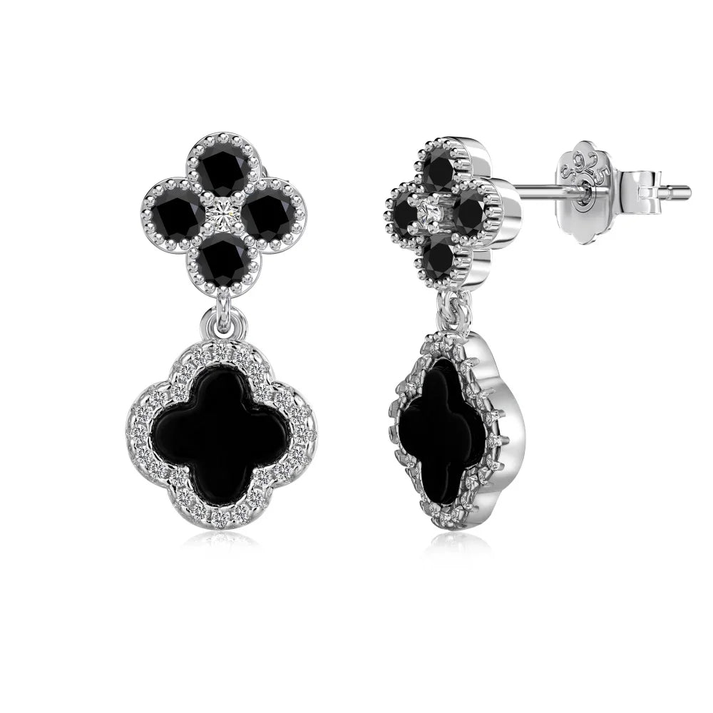 Silver Onyx Clover Cut Clover Drop Earrings