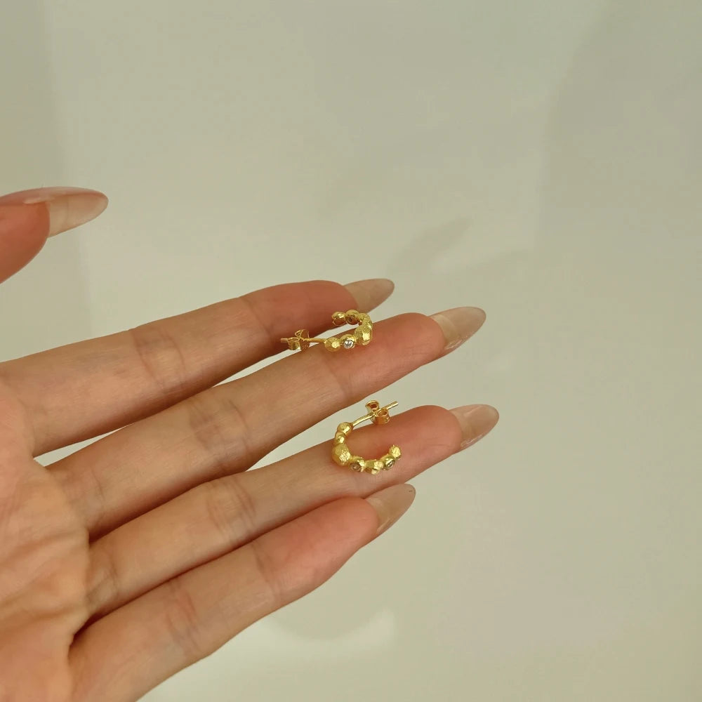 Silver Zircon Round Cut Brushed Huggie Earrings