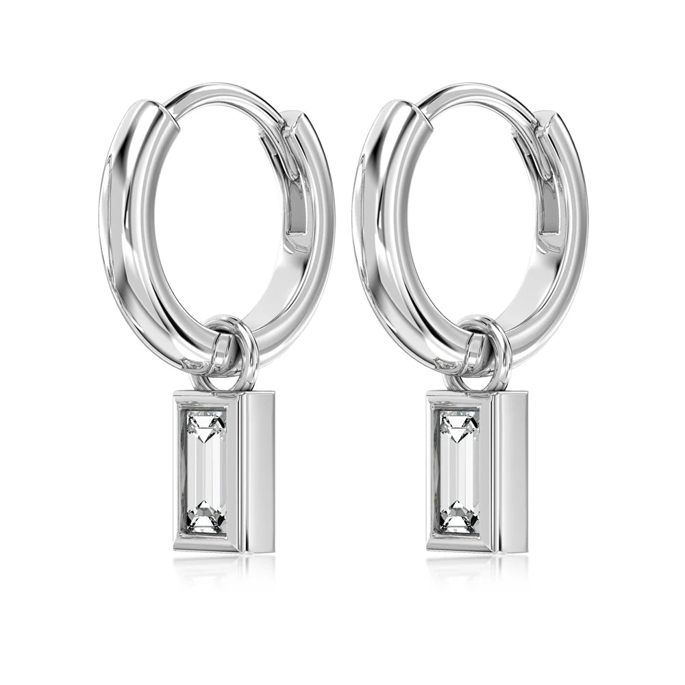 Silver Zircon Baguette Cut Drop Huggie Earrings