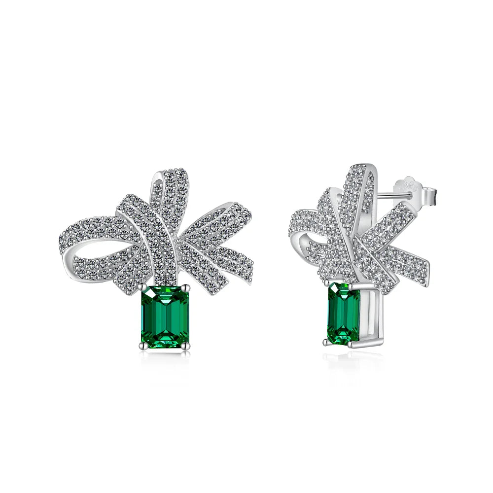 Silver Zircon Emerald Cut Tassel Bow Knot Ear Studs
