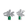 Silver Zircon Emerald Cut Tassel Bow Knot Ear Studs