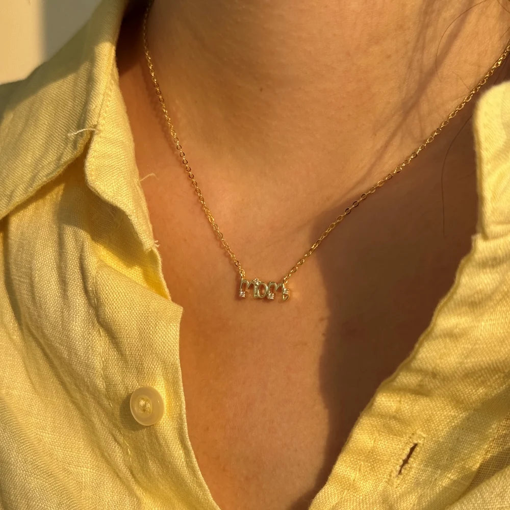 Silver Zircon Round Cut Mom Big Bar Necklace