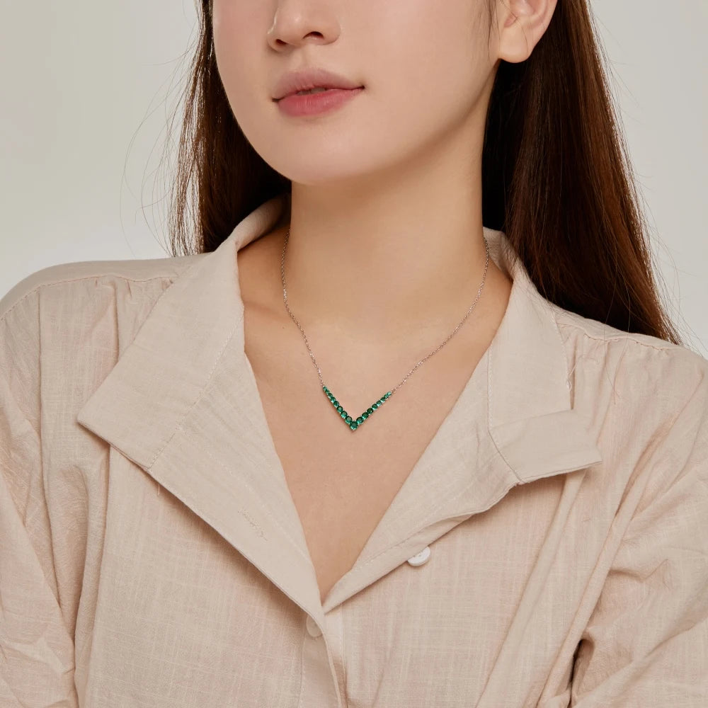 Silver Zircon Round Cut V Pendant Necklace