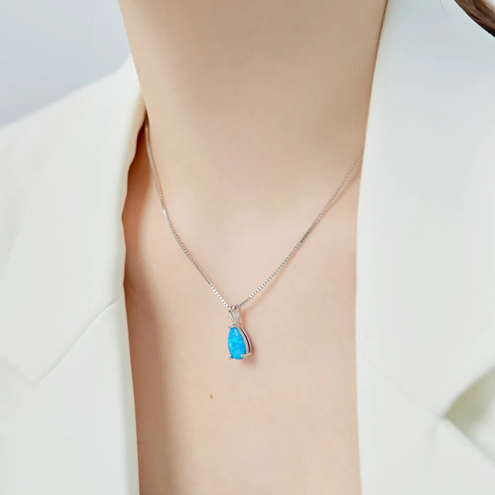 Silver Opal Pear Cut Water Drop Pendant Necklace