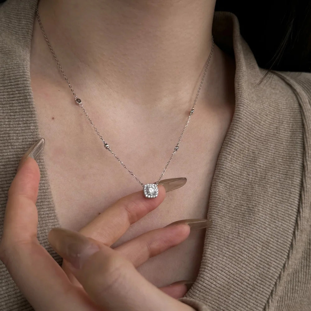 Silver Zircon Round Cut Pillow Pendant Necklace