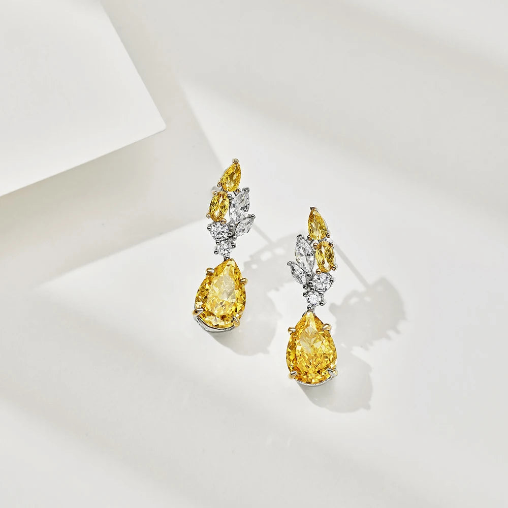 Silver Zircon Pear Cut Leaf Drop Earrings