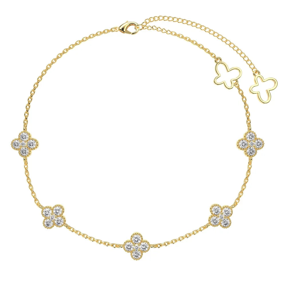 Silver Zircon Round Cut Clover Anklet