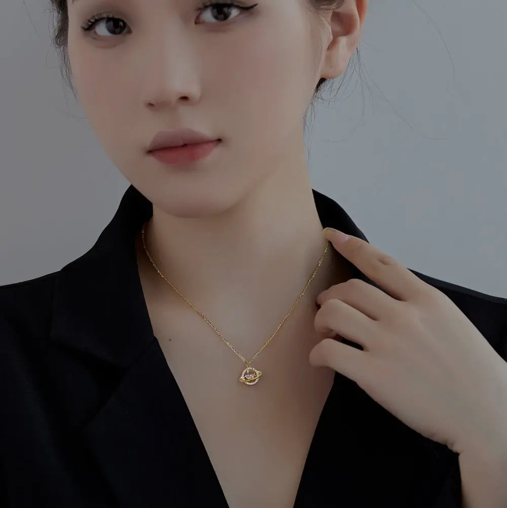 Silver Zircon Half Moon Cut Planet Pendant Necklace