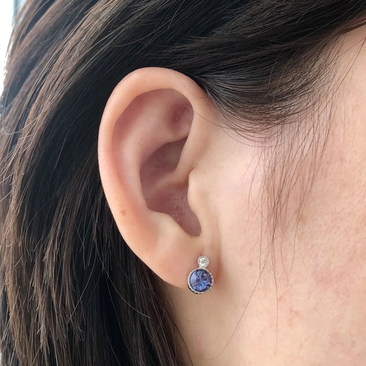 Silver Zircon Round Cut Halo Stacked Ear Studs