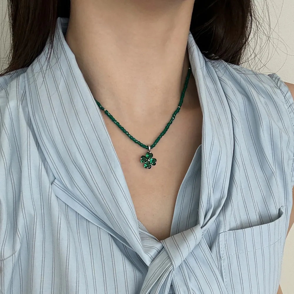 Silver Zircon Heart Cut 4 Leaf Clover Beaded Necklace