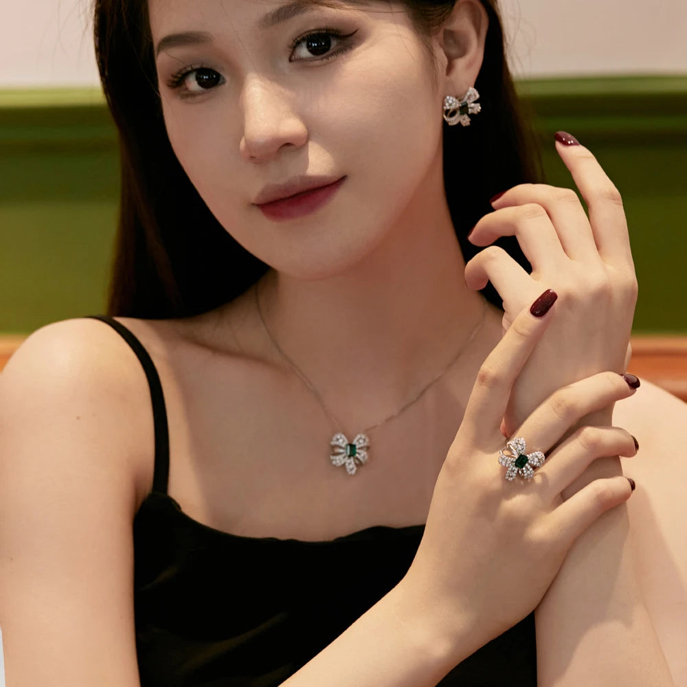 Silver Zircon Emerald Cut Inlaid Bow Knot Pendant Necklace