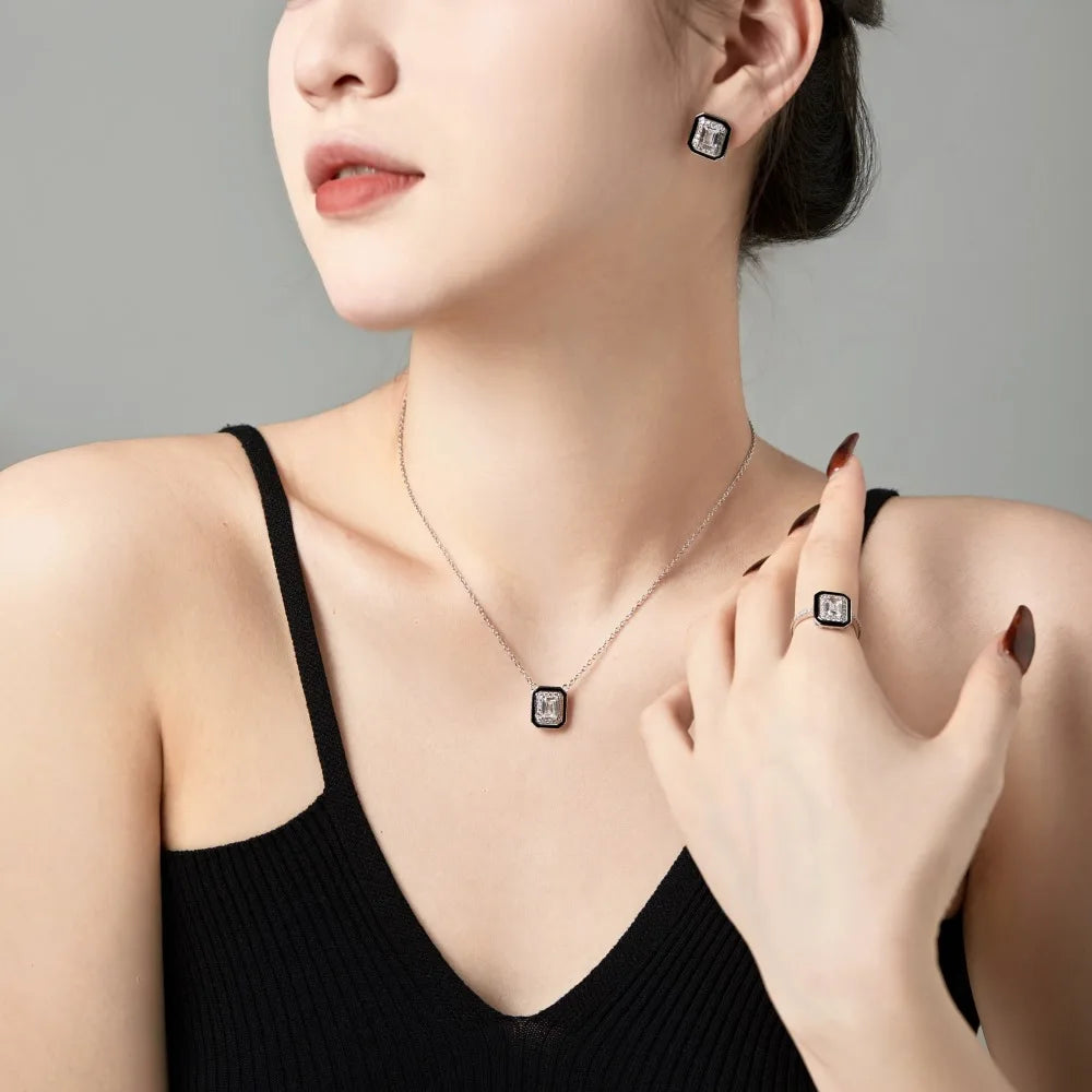 Silver Zircon Emerald Cut Frame Pendant Necklace