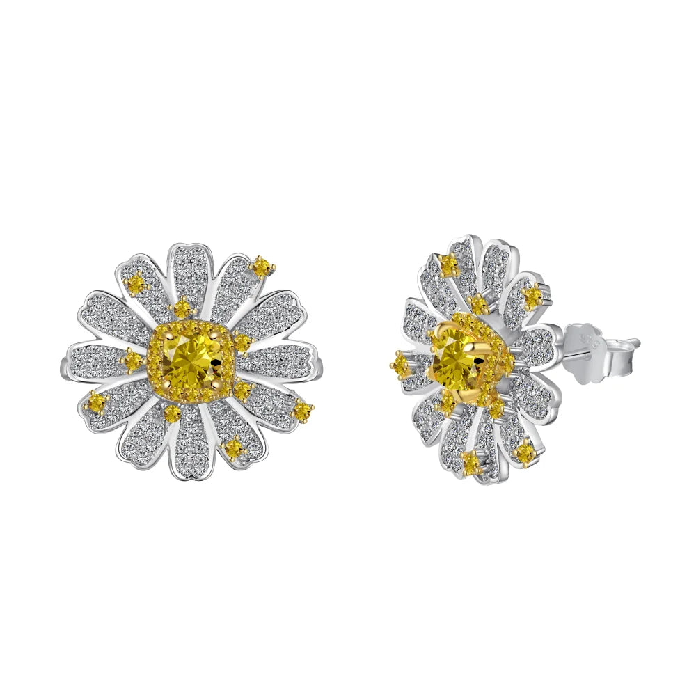 Silver Zircon Cushion Square Cut Halo Sunflower Ear Studs