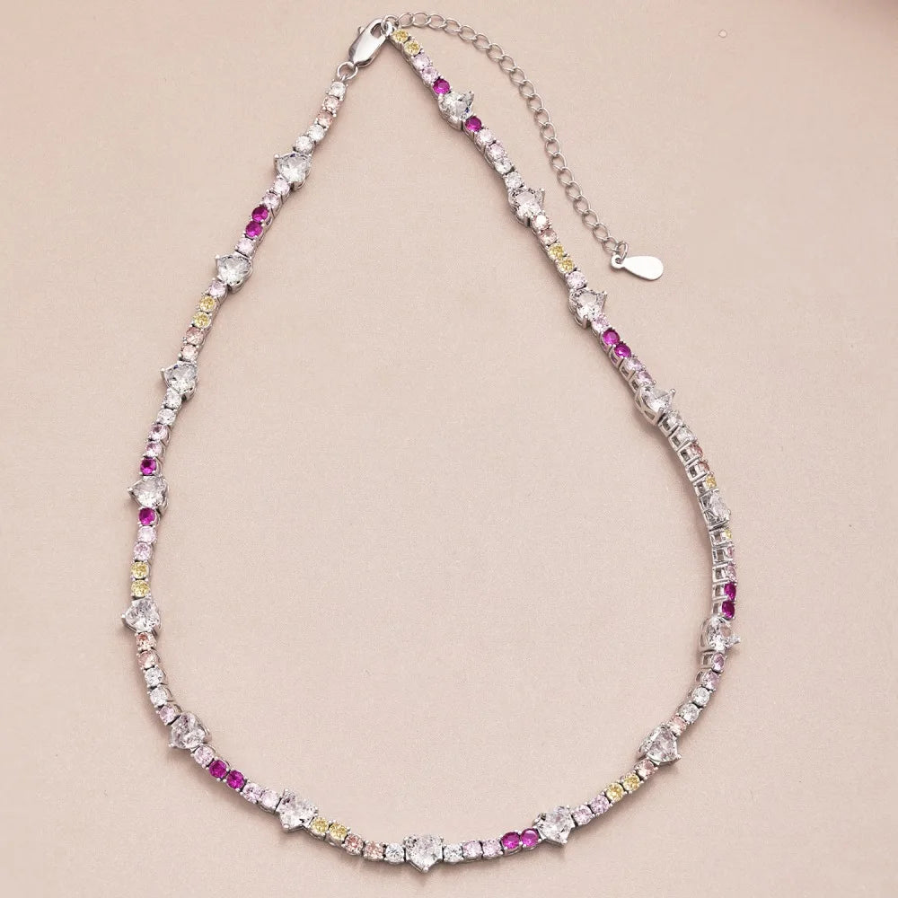 Silver Zircon Heart Cut Charm Tennis Necklace