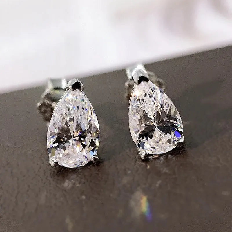 Silver Zircon Pear Cut Water Drop Ear Studs