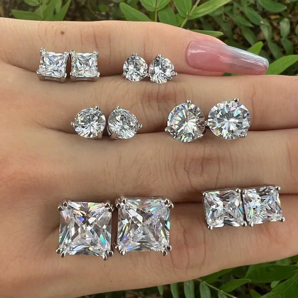 Silver Zircon Princess Cut Cubic Ear Studs