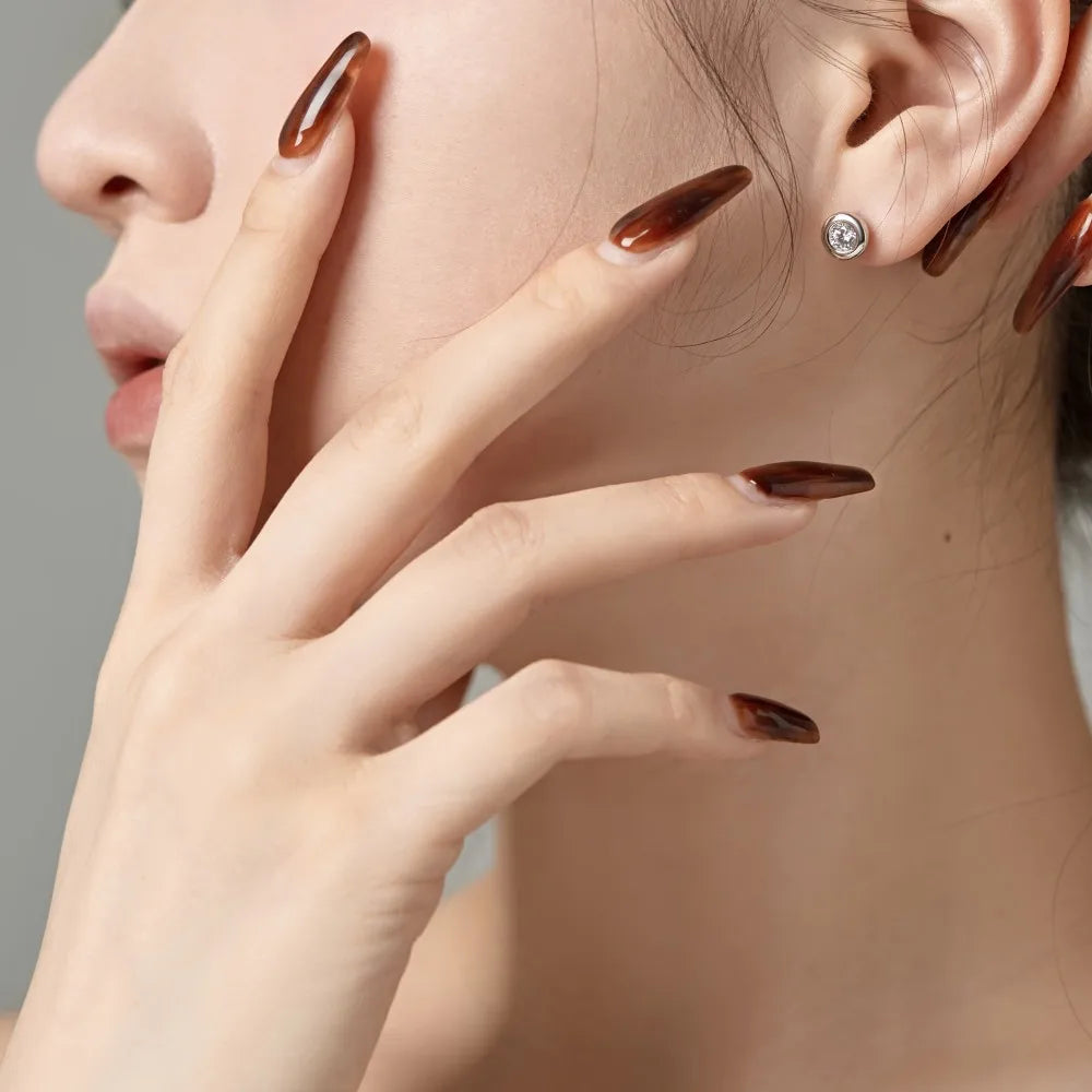 Silver Zircon Round Cut Brushed Ear Studs