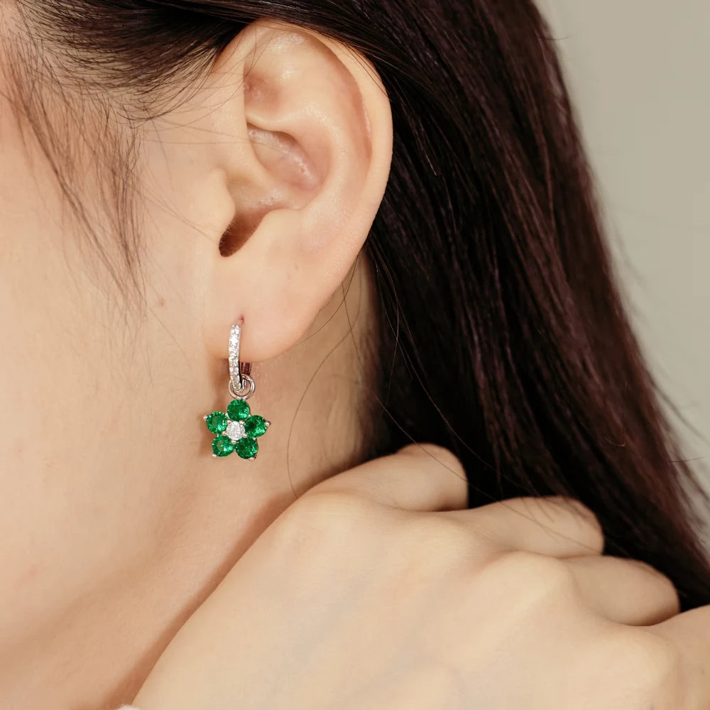 Silver Zircon Round Cut Drop Flower Ear Hoops