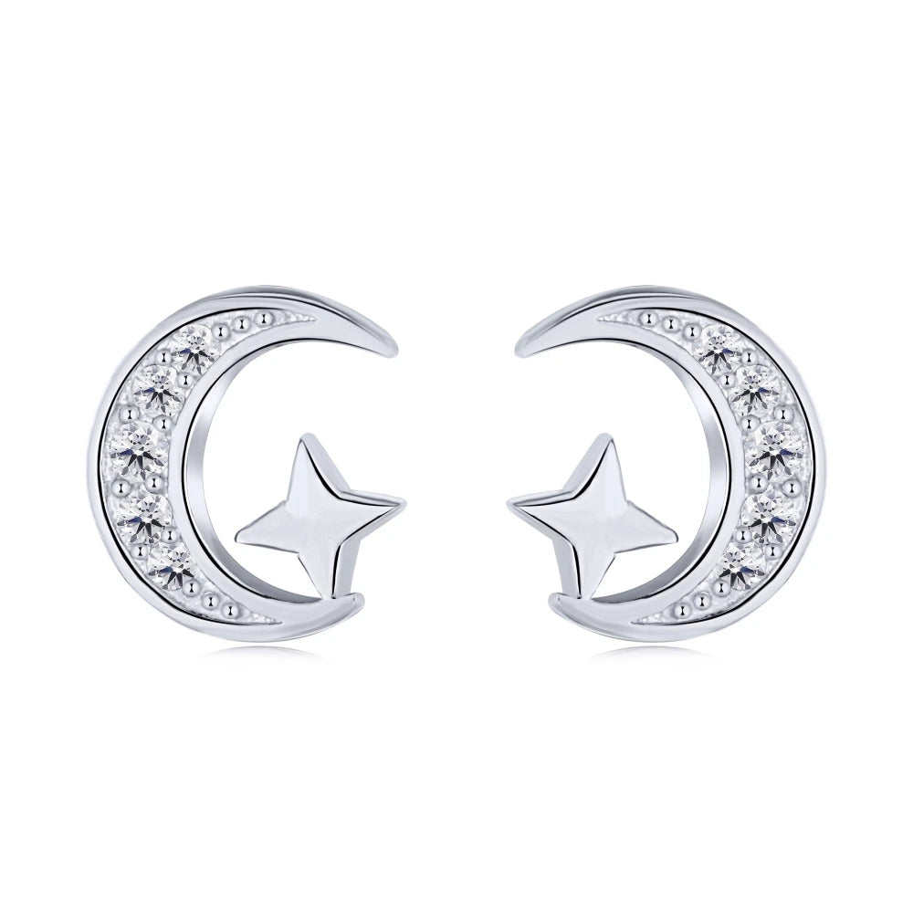 Silver Zircon Round Cut Crescent Ear Studs