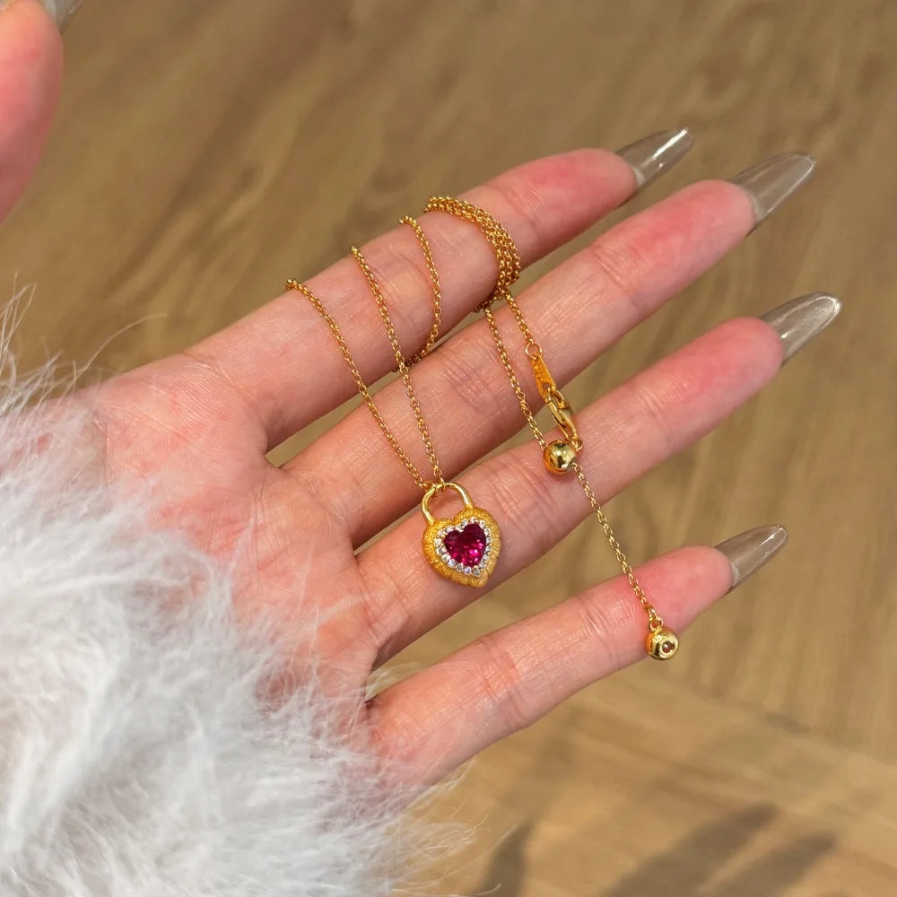 Silver Zircon Heart Cut Heart Lock Pendant Necklace