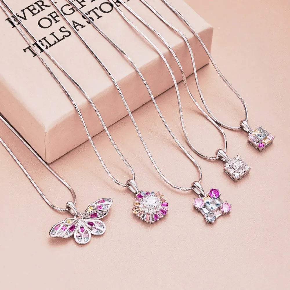 Silver Zircon Baguette Cut Butterfly Pendant Necklace