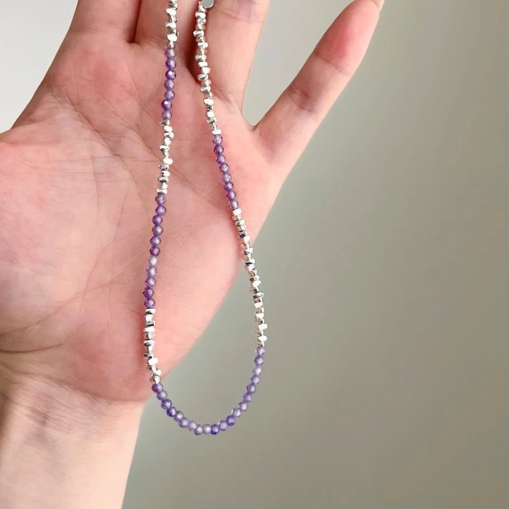 Silver Amethyst Round Cut Multi Shape Beaded Necklace