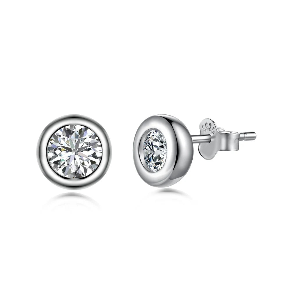 Silver Zircon Round Cut Brushed Ear Studs