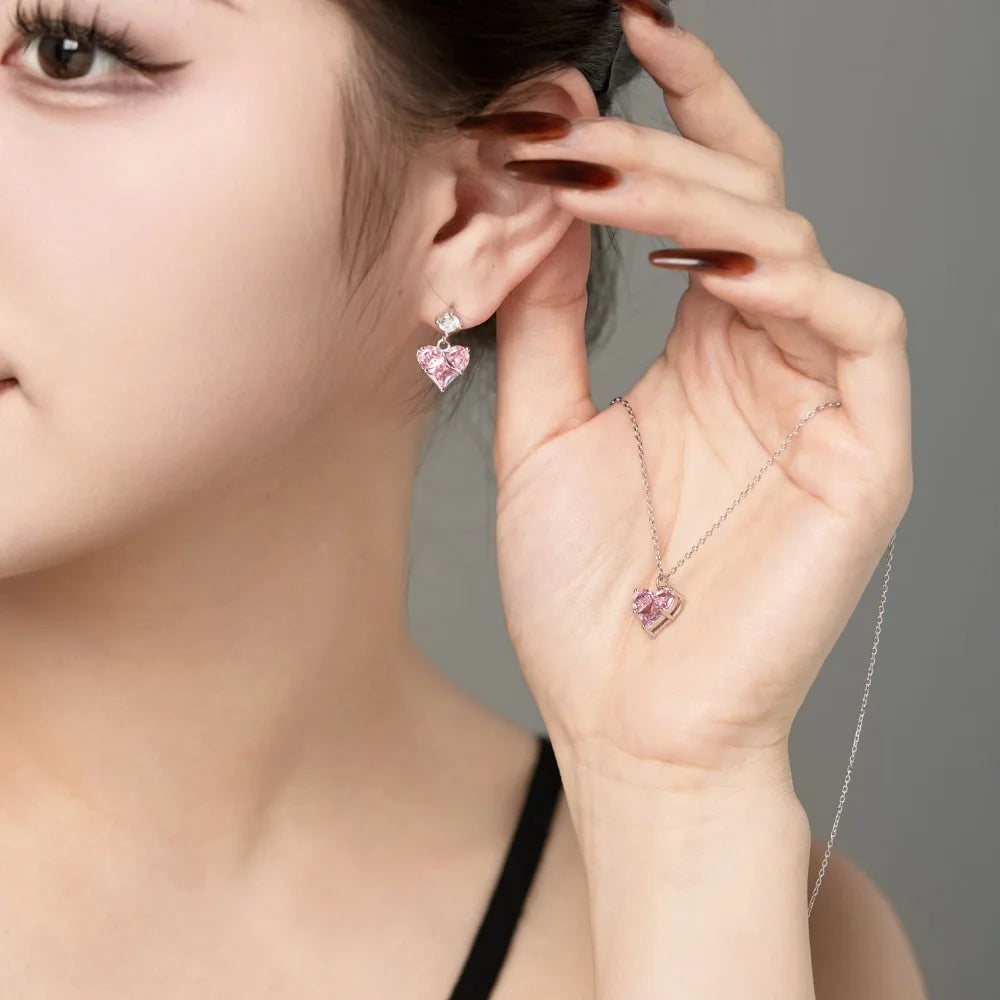 Silver Zircon Princess Cut Inlaid Heart Pendant Necklace