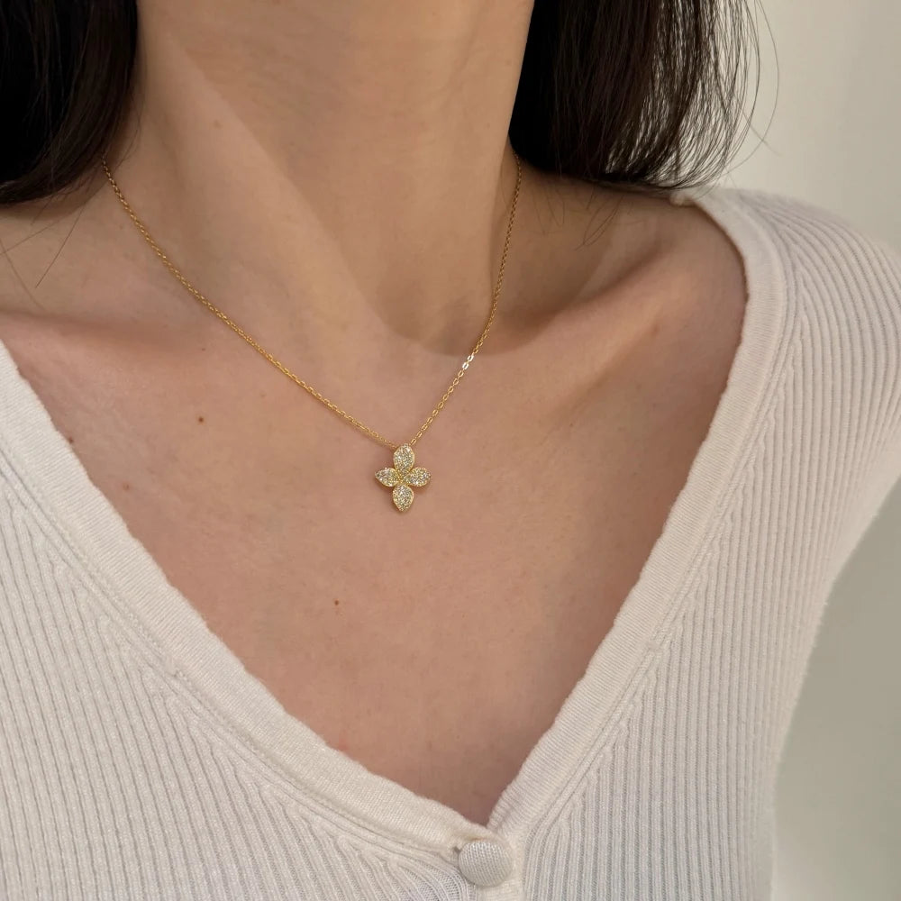 Silver Zircon Round Cut Iced Flower Pendant Necklace