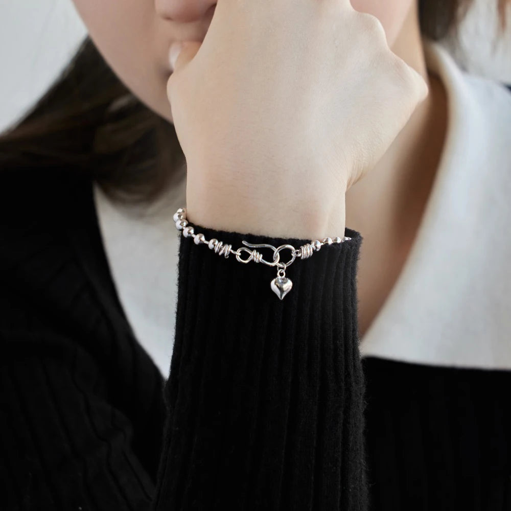 Silver Heart Bangle Beaded Bracelet