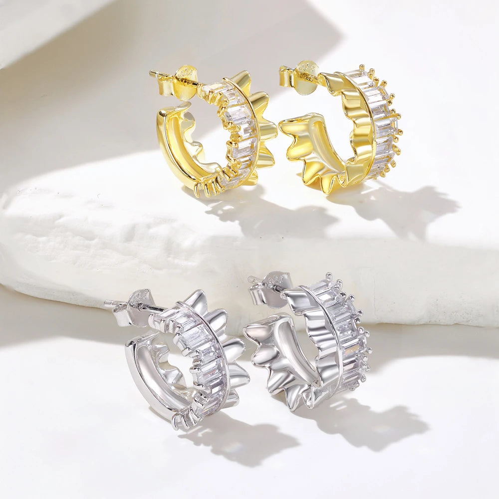 Silver Zircon Emerald Cut Curved Sided Ear Hoops