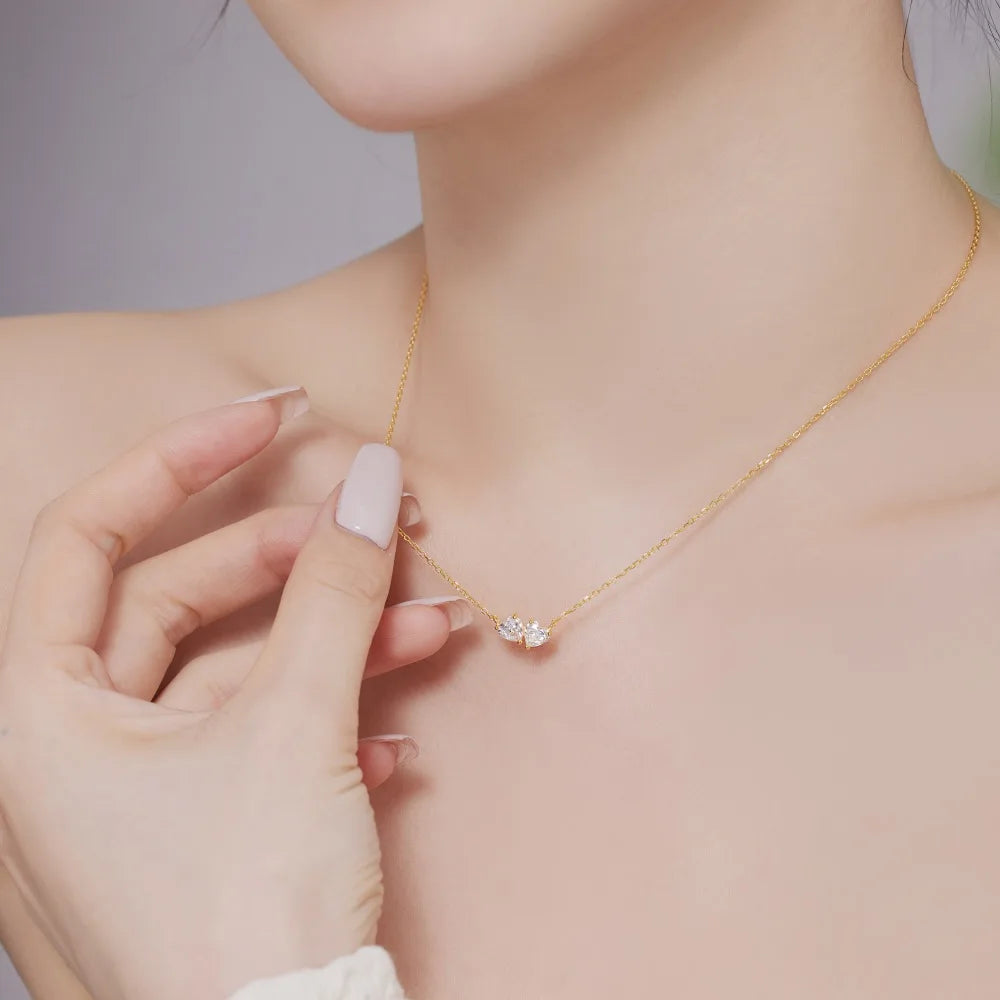 Silver Zircon Heart Cut Toi Et Moi Pendant Necklace