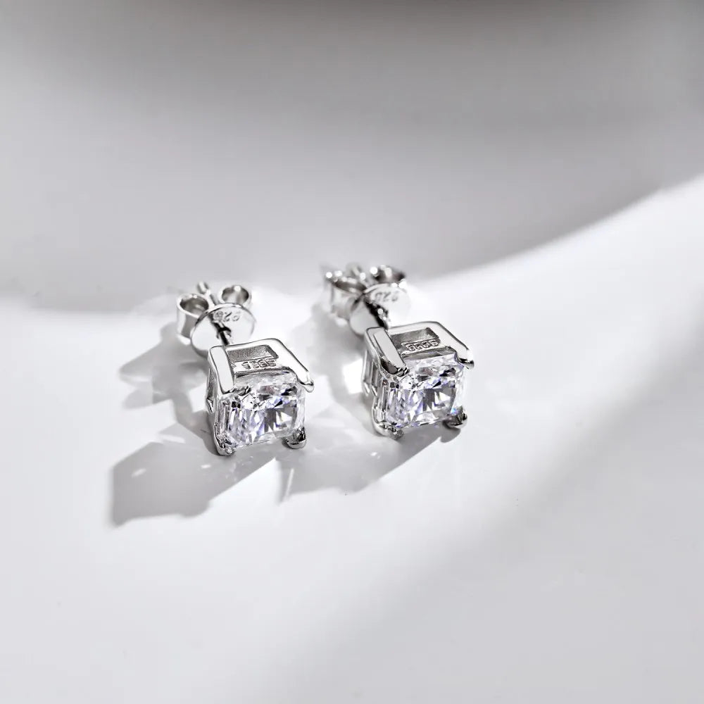 Silver Zircon Princess Cut Squared Ear Studs