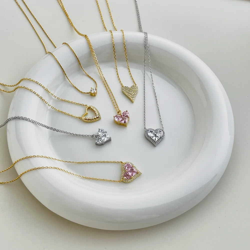 Silver Zircon Round Cut Small Iced Heart Pendant Necklace