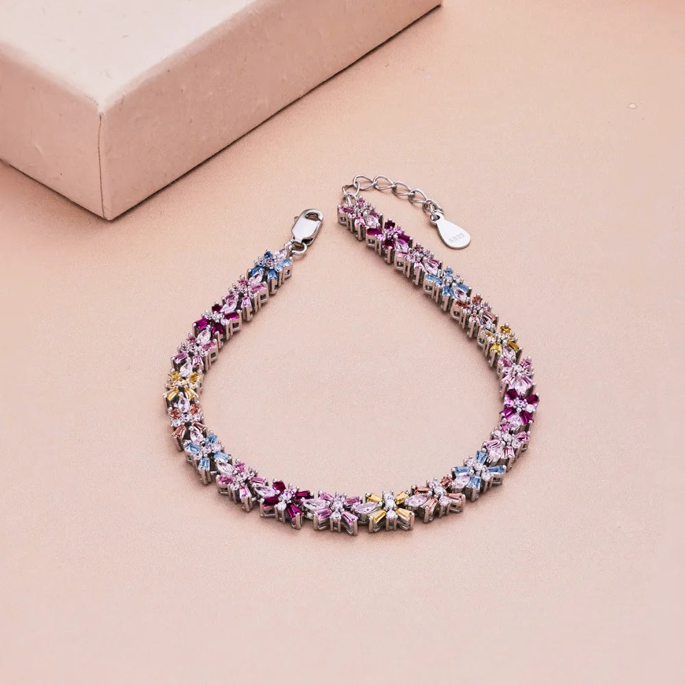 Silver Zircon Tapered Baguette Cut Flower Tennis Bracelet