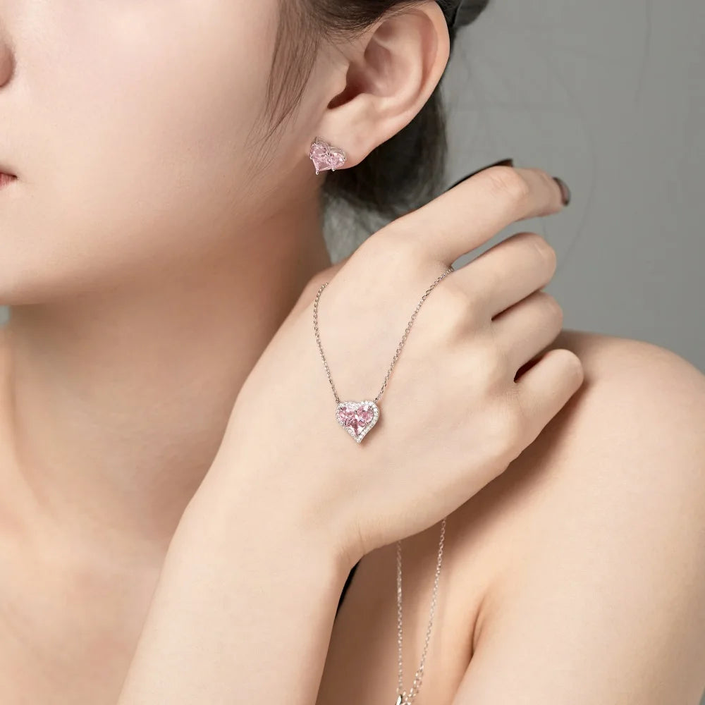 Silver Zircon Princess Cut Halo Heart Pendant Necklace