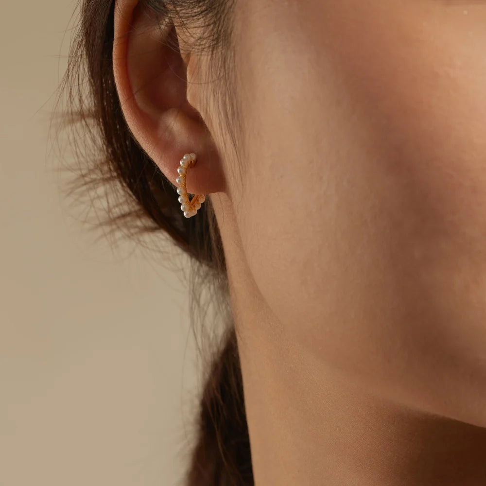 Silver Pearl Heart Hook Ear Hoops