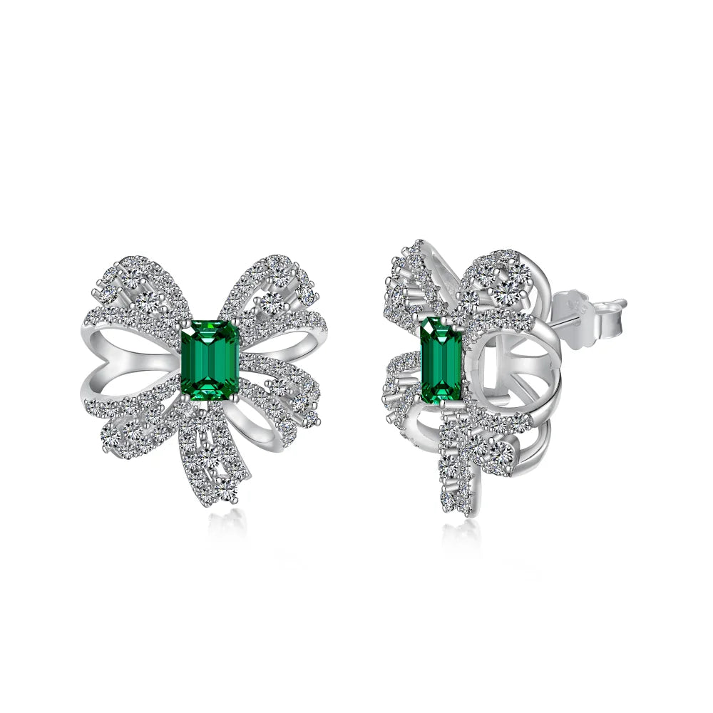 Silver Zircon Emerald Cut Bow Knot Ear Studs