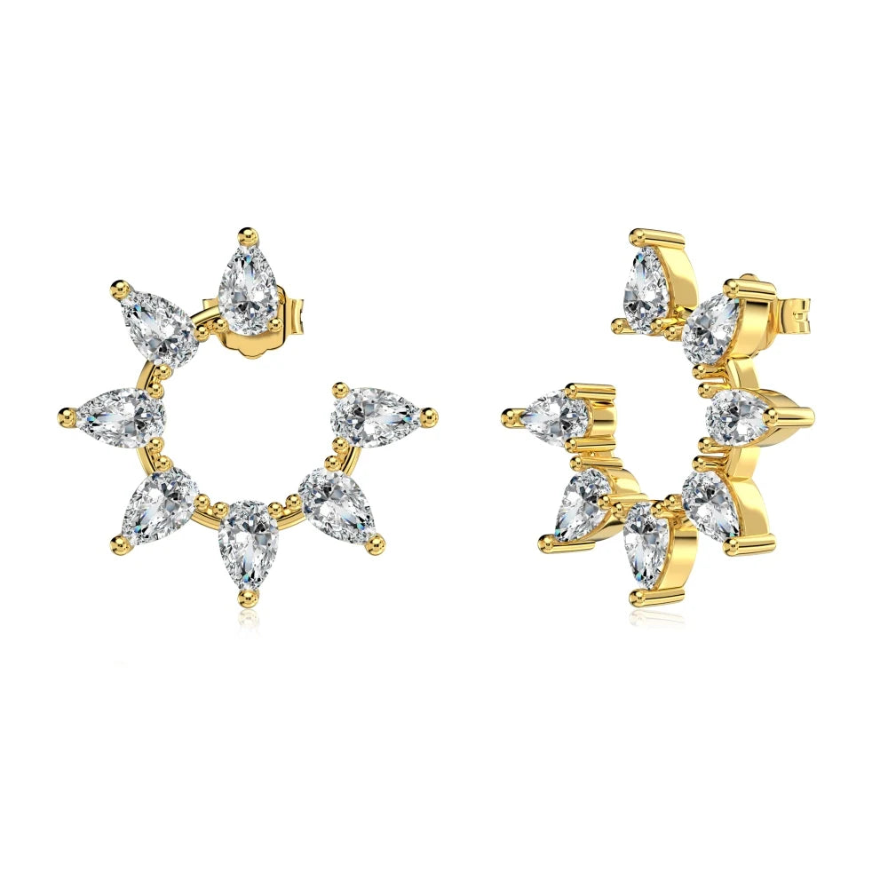 Silver Zircon Pear Cut Inlaid Layered Flower Ear Studs